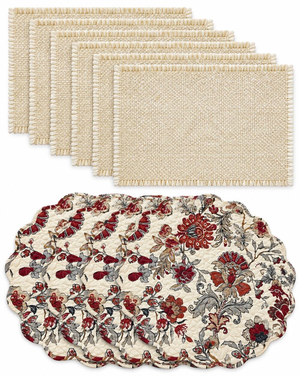 Quilted Floral Round Burgundy Cream Rectangle Placemats Traditional Table Decor